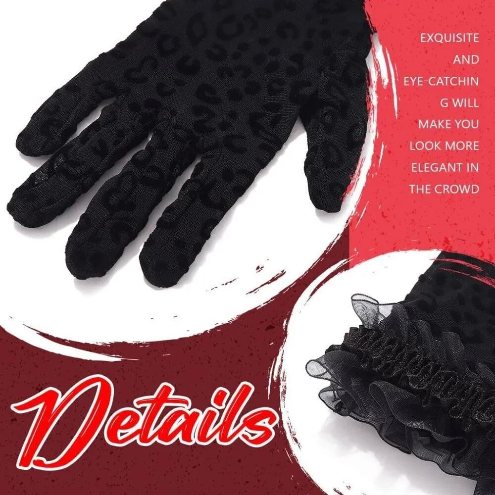 Women's Black Polyester Leopard Print Fabric Lace Short Evening Combined Gloves